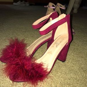 Burgundy feathered heels